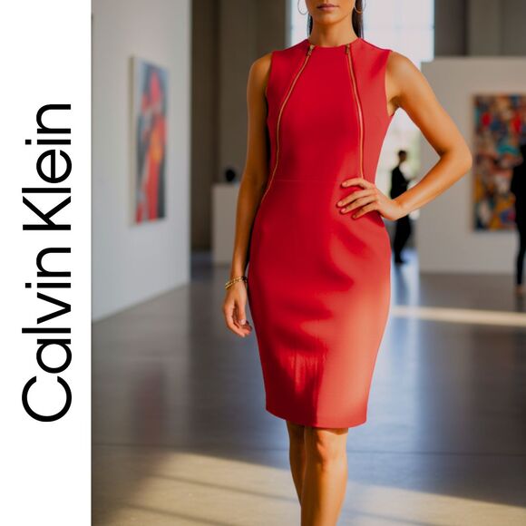 Calvin Klein Dress I Women's 4 Sleeveless Midi Sheath Red Gold Zipper High Neck - Picture 1 of 6